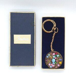 Forstner Vintage Goldtone Keychain Colorful Rhinestone Crystals in Original Box